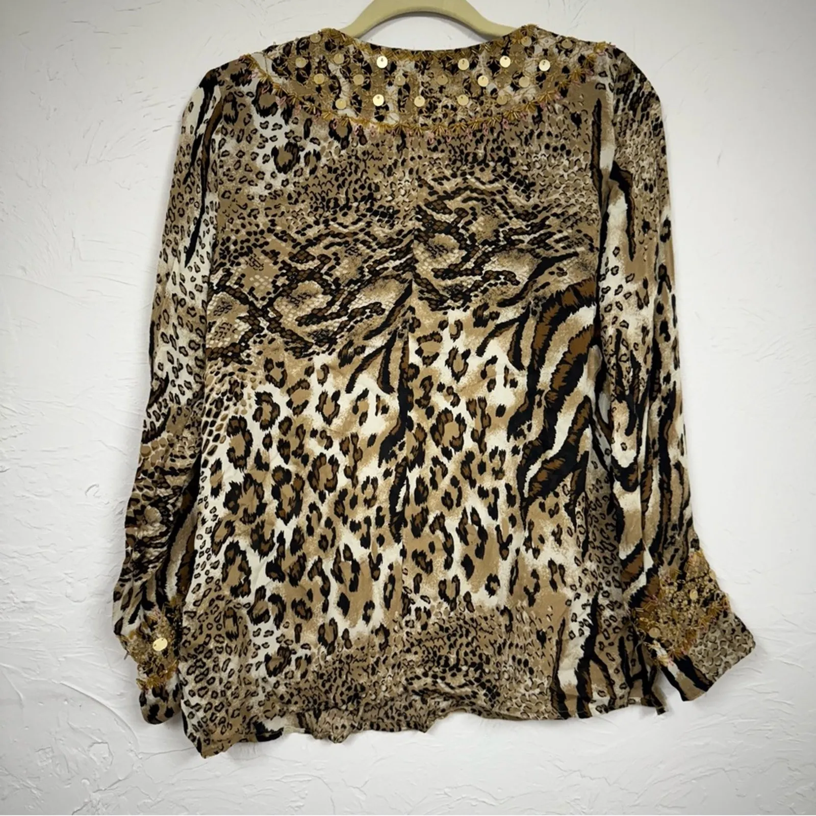 Victor Costa Silk Animal Print Silk Beaded Blouse Womens XS Tunic Vintage Brown - Image 12