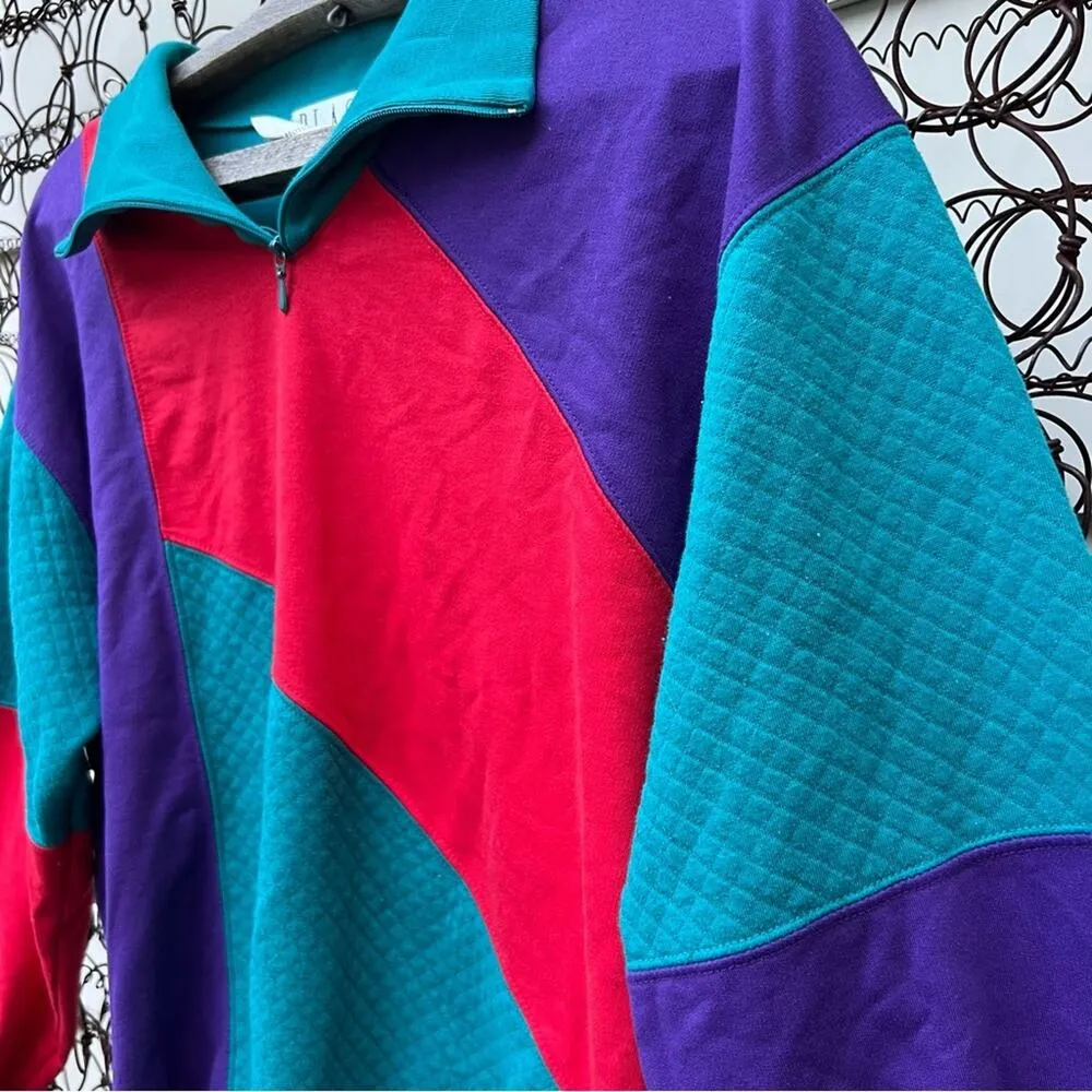 Vintage 80s Blast Teal Red Purple Color Block Henley Lightweight Sweatshirt PM Blue Size M - Image 4