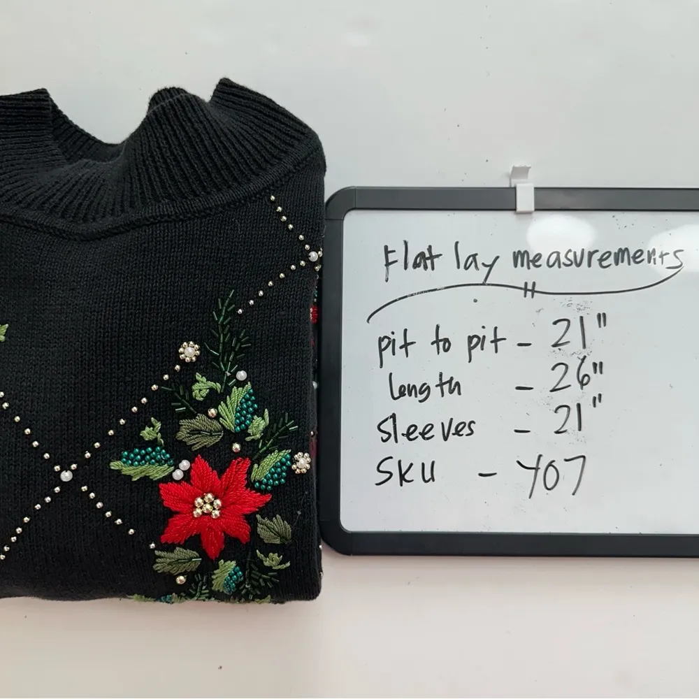 B.P. Design Christmas Poinsettia Beaded Embroidered Black Crew Neck Sweater Larg Size L - Image 11