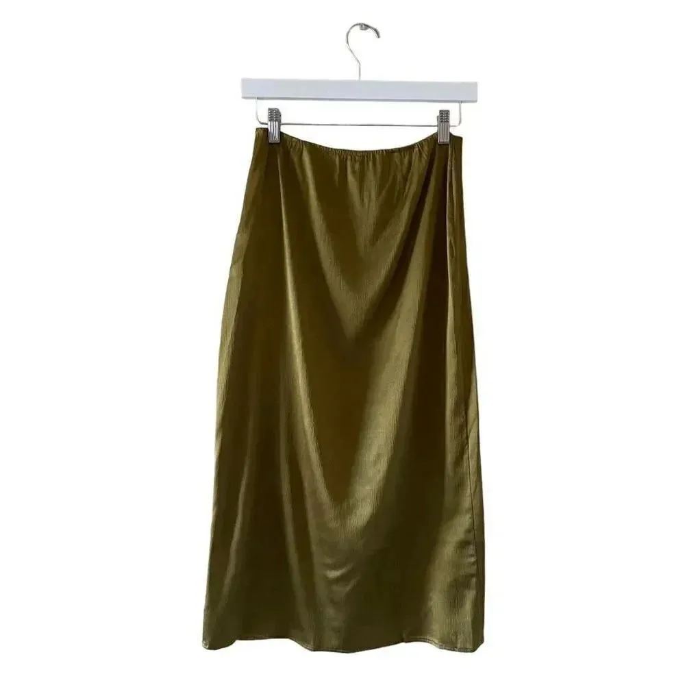 Zara Women’s Green Lime Side Slit Elastic Waist Maxi Bohemian Skirt L #1162 - Image 4