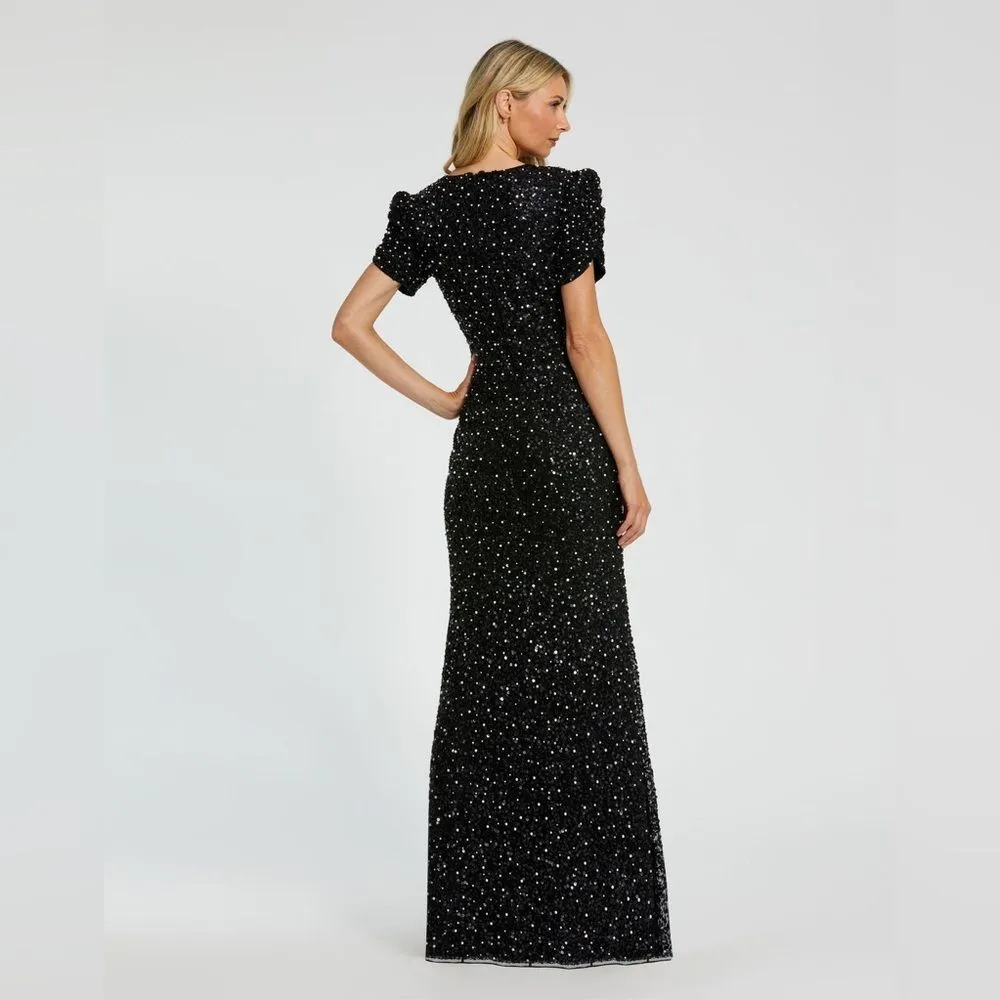 MAC DUGGAL 24003 Womens Black Gathered Short Sleeve Beaded Gown - Image 6