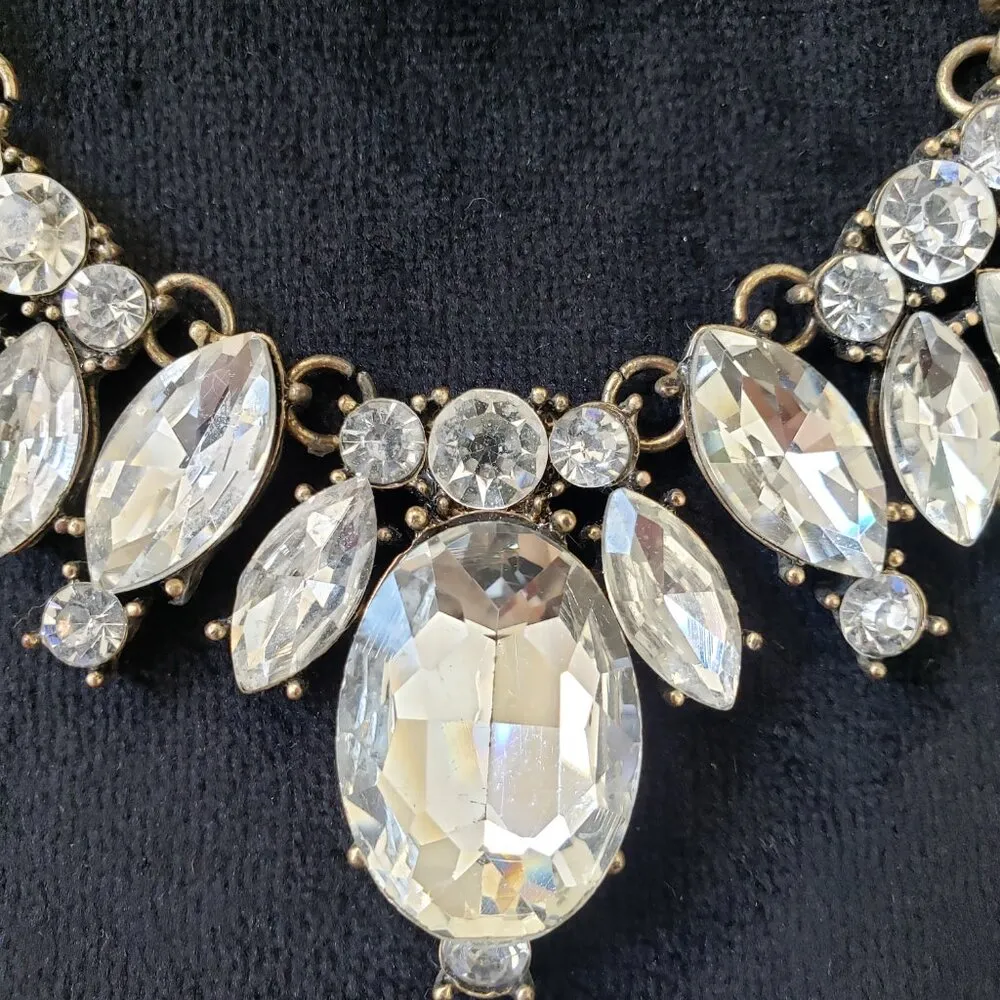 Women Brass Tone Multi Shape Clear Crystal Faceted Bling Necklace w/ Spring Ring White - Image 3