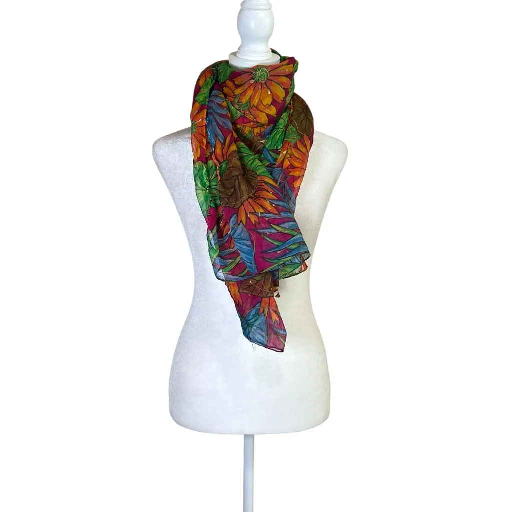 VTG Floral Print Large Rectangle Wrap Scarf 72x42 Semi Sheer Boho Shawl Colorful Pink - Image 2
