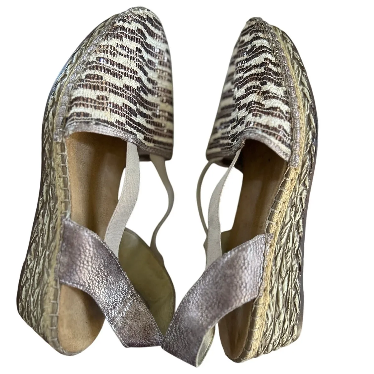 Rieker Taupe Brown & Tan Sparkle Leather & Plastic Espadrille Comfort Wedge Size 8 - Image 4