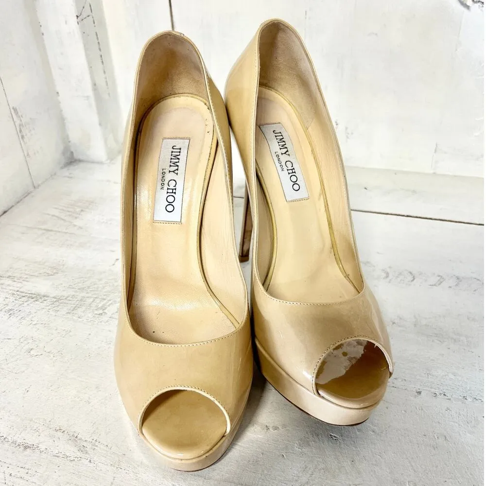Jimmy Choo Crown Patent Leather Peep Toe Platform Pump Nude Womens Size 38.5 / 8 - Image 4