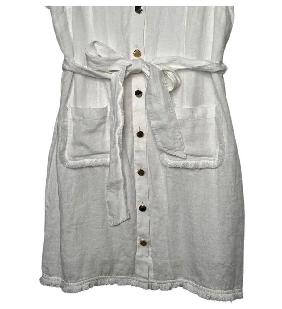 New J Crew Shirt Dress Womens XL Linen Raw Hem Belted Knee Length White BY817 - Image 6