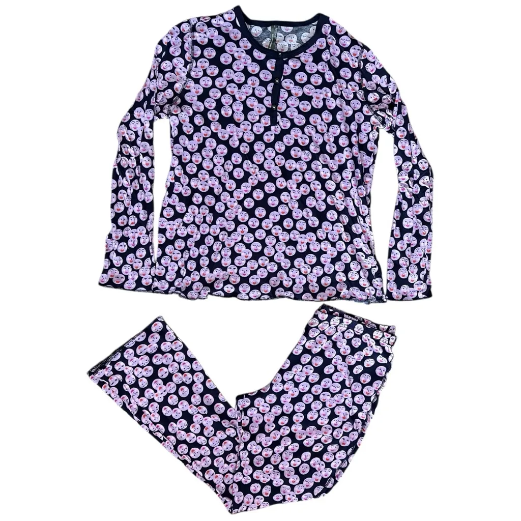 Anthropologie Women’s Size M Navy Blue Pink Kiss Face Top Bottom Pajama PJ Set - Image 2