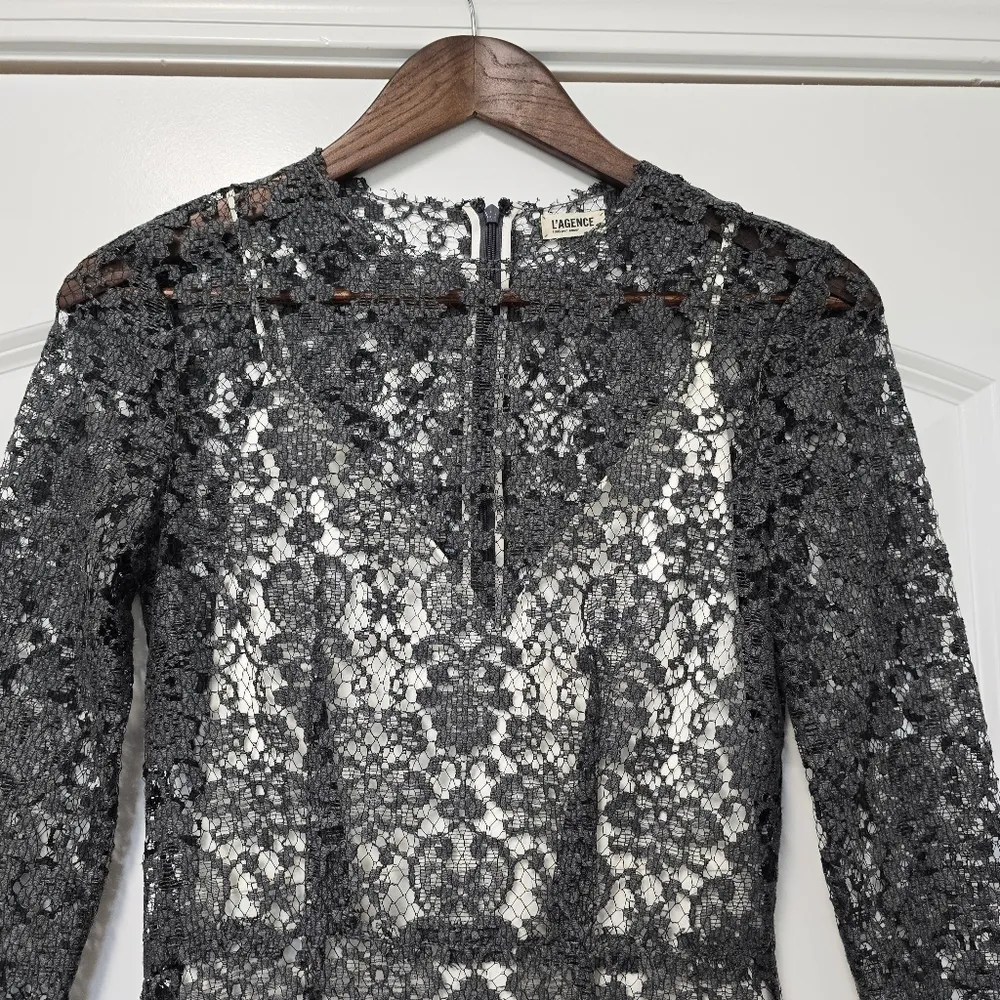 L'Agence Womens Lace Sheath Dress By Revolve Size 0 Gray Lace Over White Coquett - Image 5