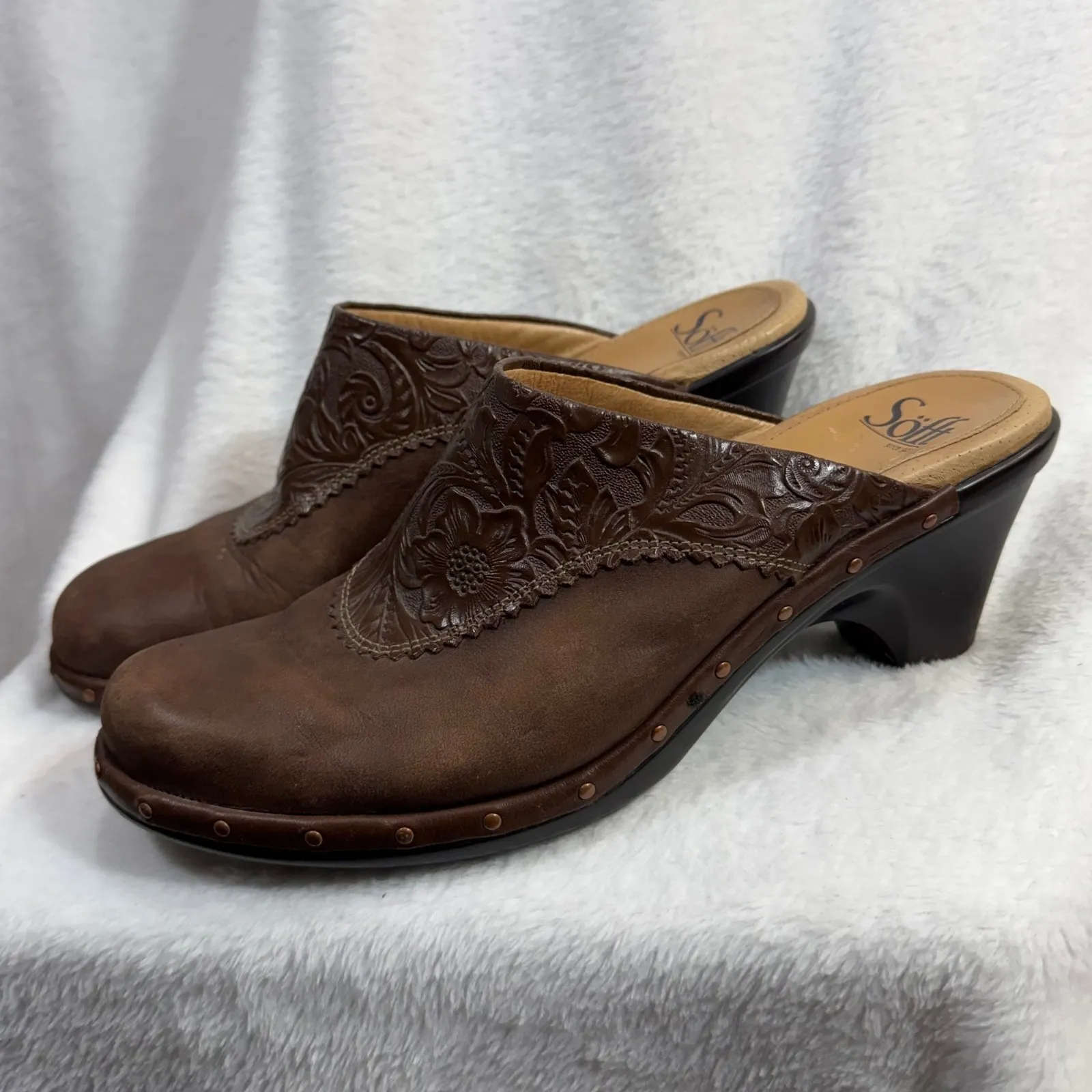 Sofft 8.5 Clog Heel Brown Embossed Leather Cottage Floral Fairy Boho Western Y2K - Image 2