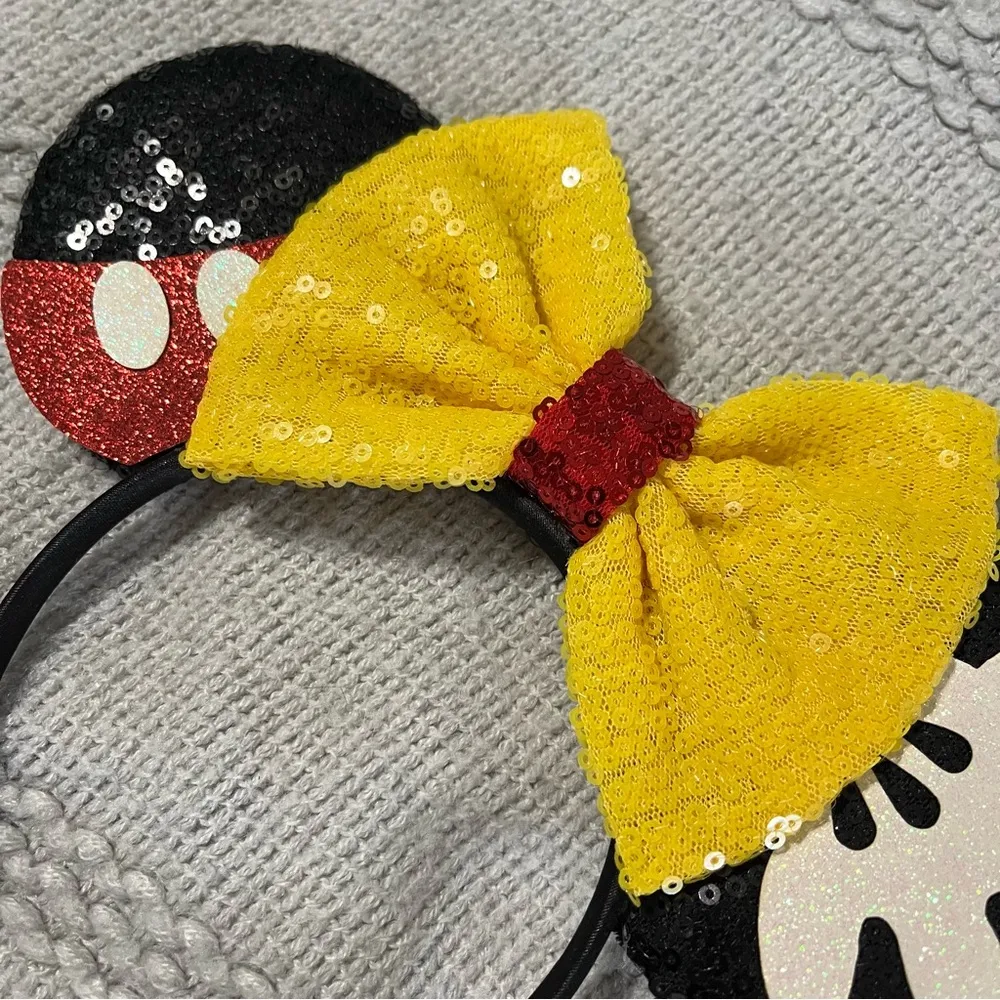 Mouse Ears Sequin Headband Yellow Bow Red Polka Dot White Glove Costume Black - Image 2