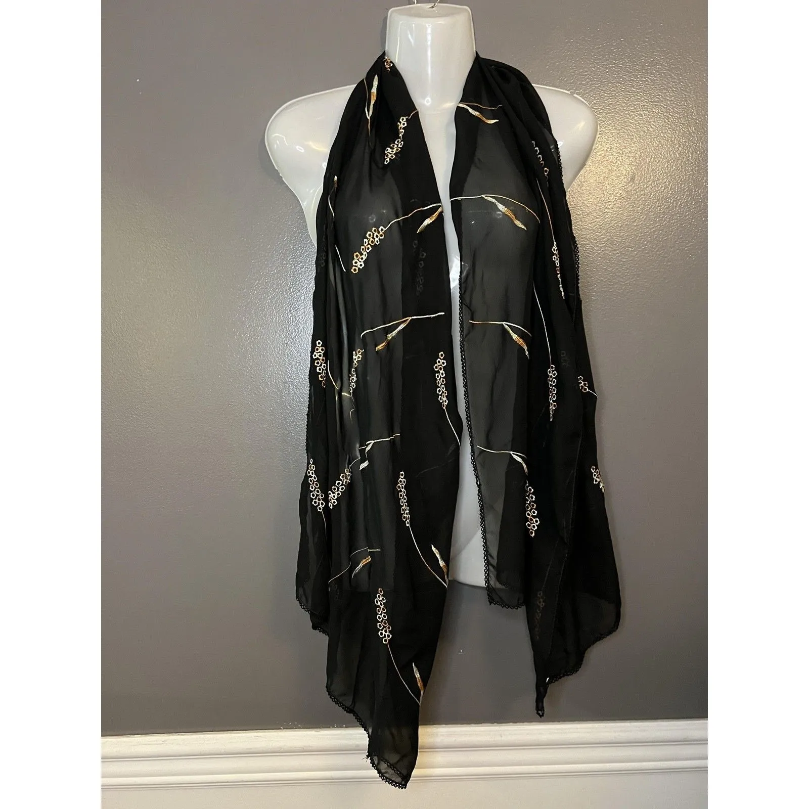 Black Sheer Floral Embroidered Scarf Wrap Shawl Sarong Gold Accents Womens - Image 2