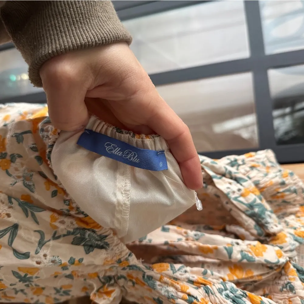 Ella Blu eyelet floral smocked mini dress tiered ruffle sleeveless marigold - Image 4