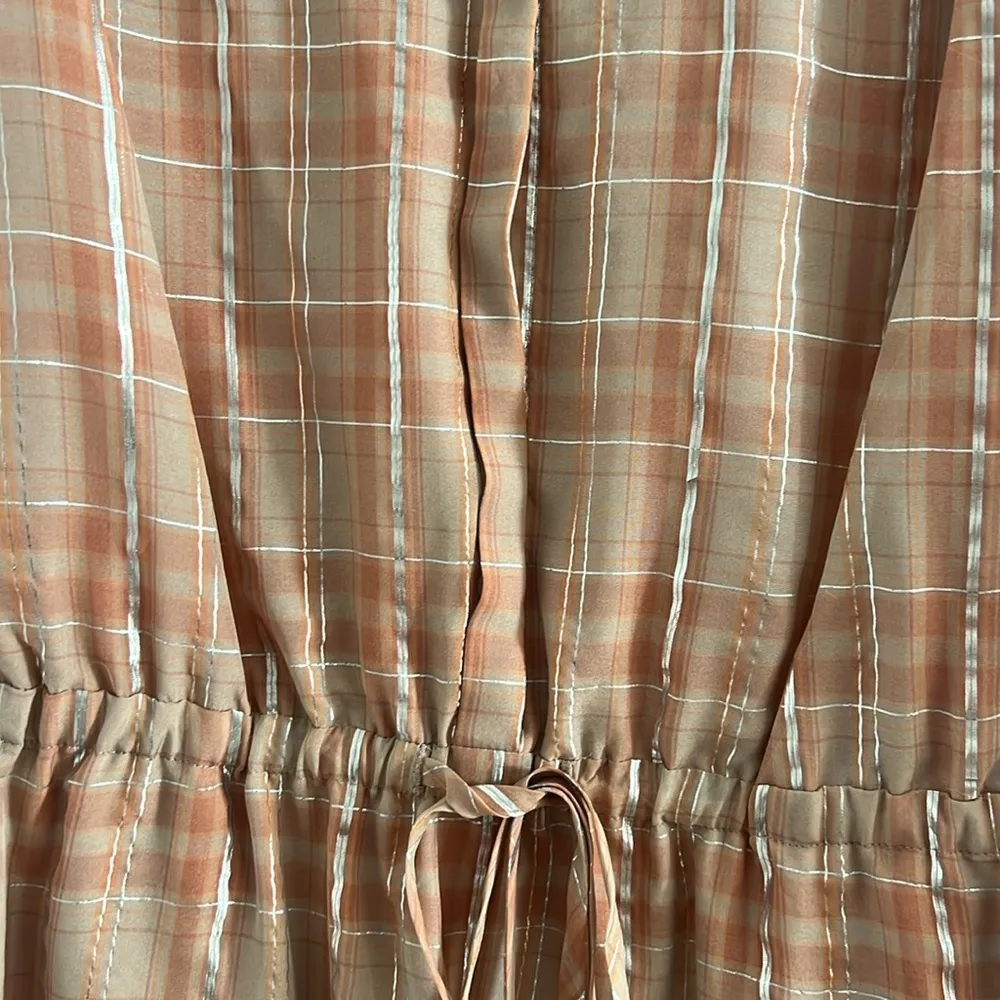 Erin Featherson Party Shirt Dress Sheer Pink Silver Plaid Drawstring Waist Small - Image 2