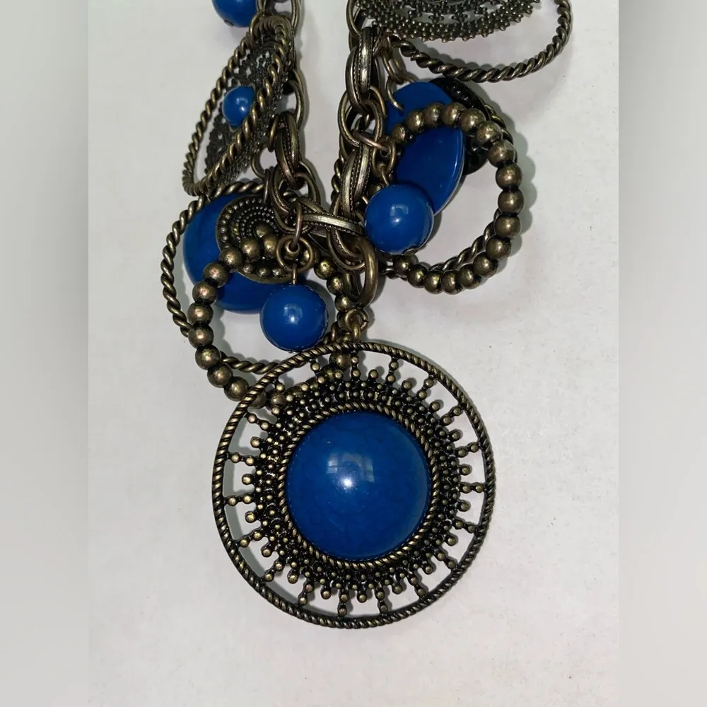 Premier Designs Indigo Blue Antiqued Brass Chunky Charm Hippie Necklace Earrings - Image 3