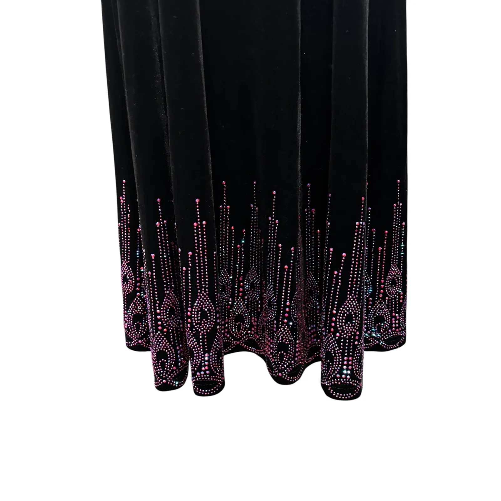 Black Velvet Maxi Dress Pink Rhinestone Beaded Elegant Formal Long Sleeve M VTG‎ Size M - Image 4