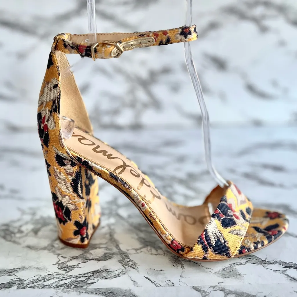 Sam Edelman Yaro Sandals Floral Jacquard Yellow Ankle Strap Block High Heels 9 - Image 8