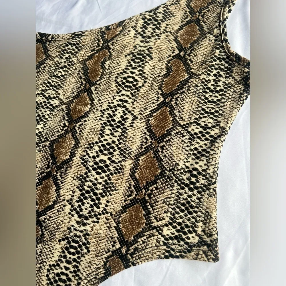 Snakeprint One Shoulder Tank Bodysuit Large Tan - Image 4