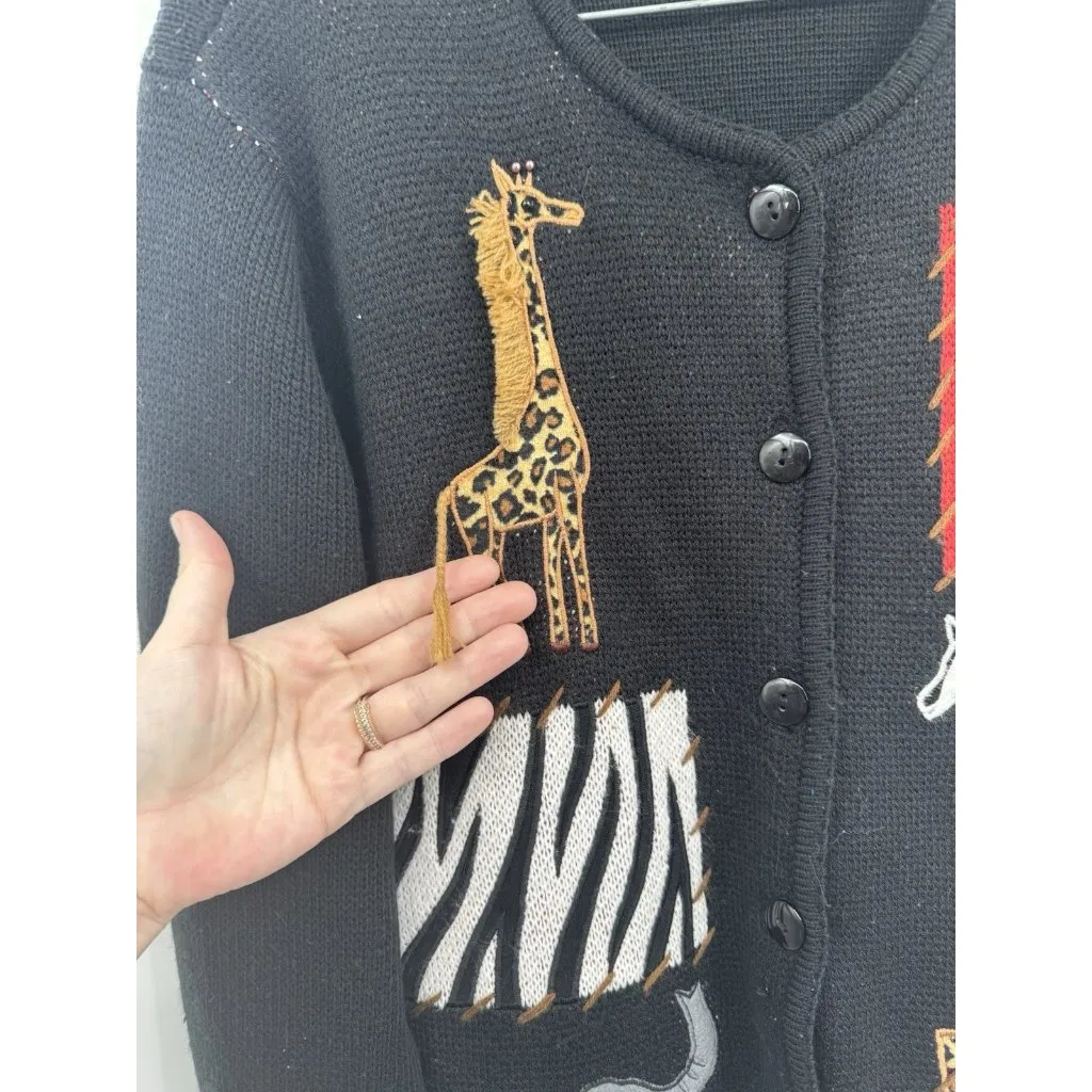 Crystal Kobe African Safari Patchwork Button Sweater Women XL Black Stitch Zebra - Image 4