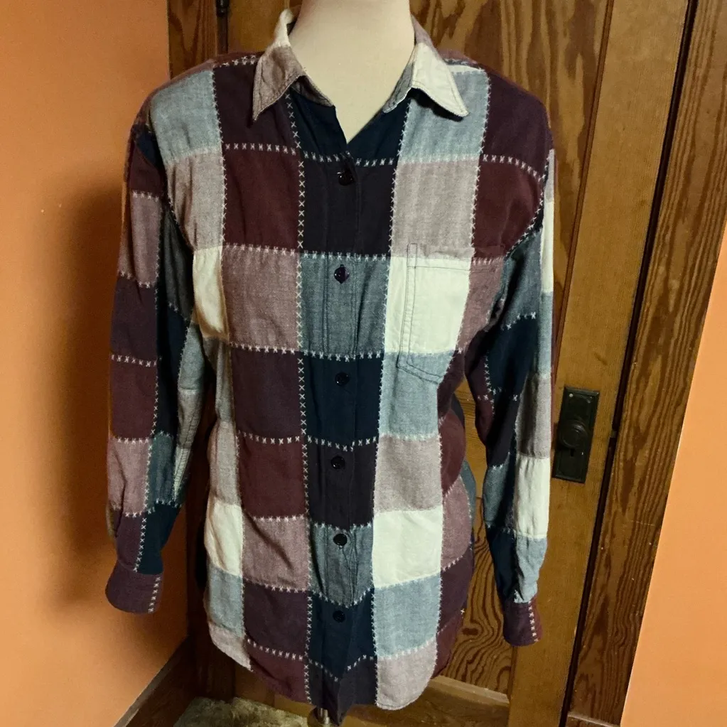 Vtg 90s Multicolor Patchwork Button Down Shirt Size L - Image 5