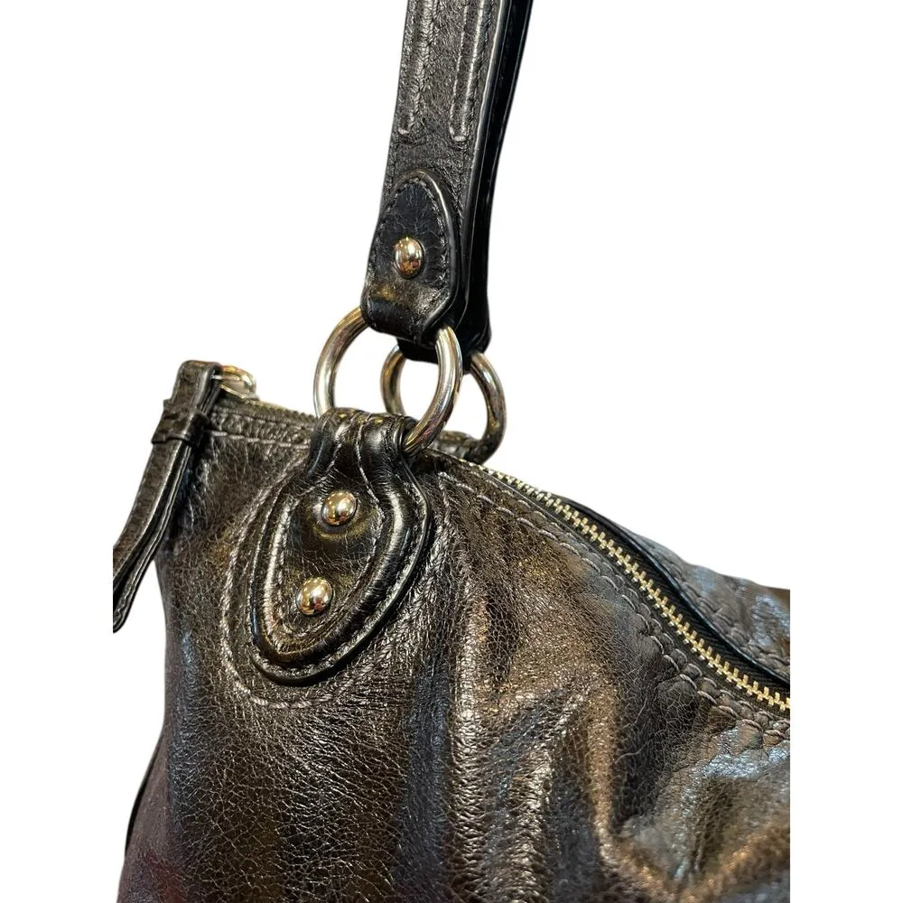 Coach Camelia Black Distressed Leather Shoulder Bag, Silver Hardware Teal Lining - Image 3