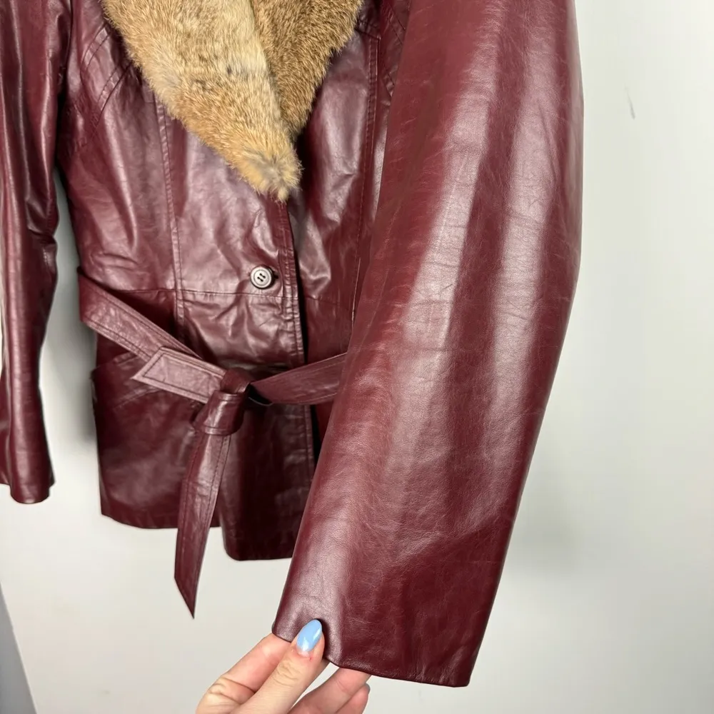 Vintage Leather Rabbitt Fur Trim Trench Tie Jacket Sz 5/6 Maroon Y2K Mob Wife Red - Image 5