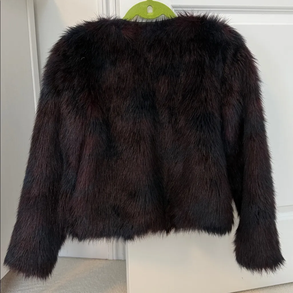 H&M Faux Fur Burgundy + Navy Toned Faux Leather Trim Coat - Image 7