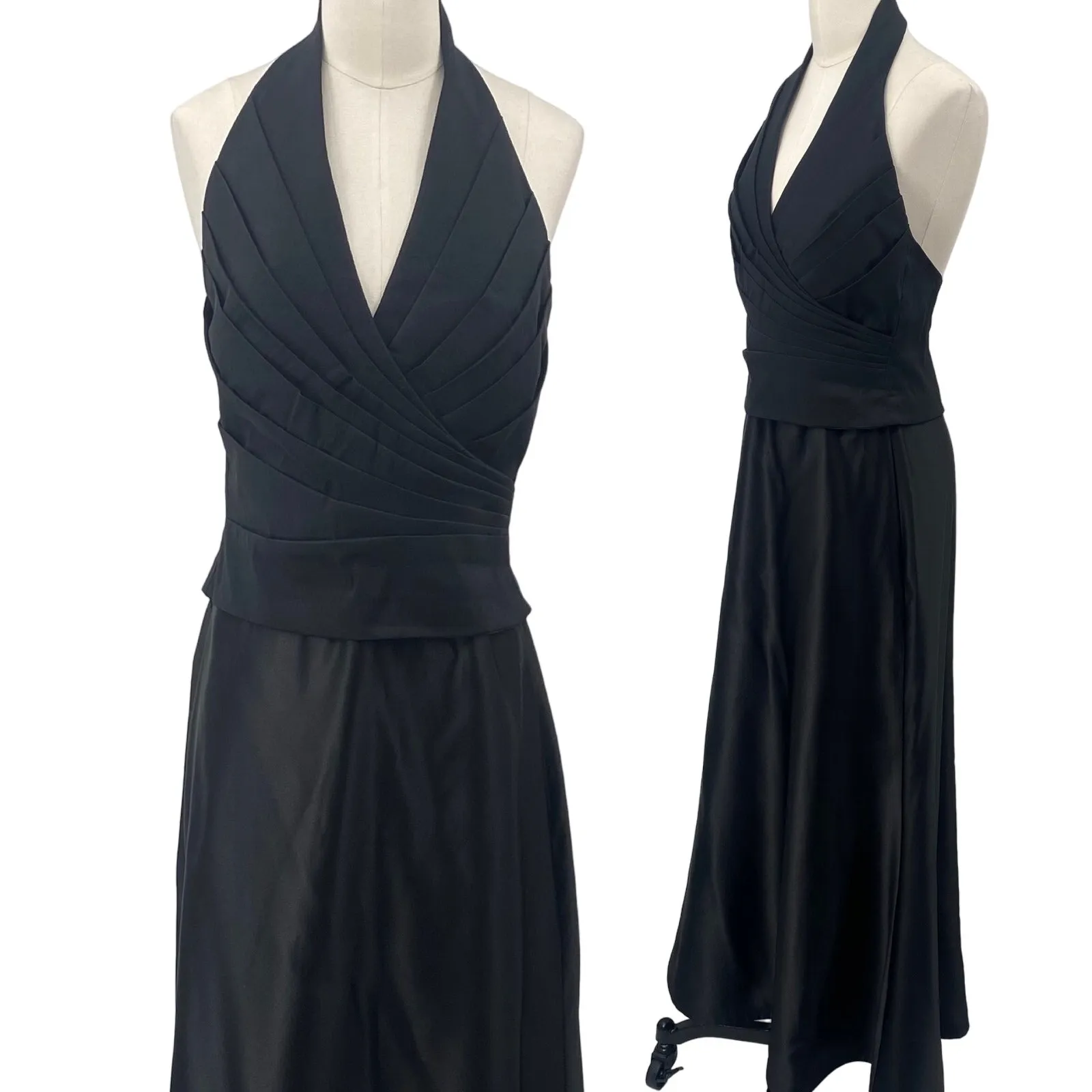 Vintage 90s Tadashi Halter Gown Pleated Bodice Taffeta Fit & Flare Maxi Black S - Image 2