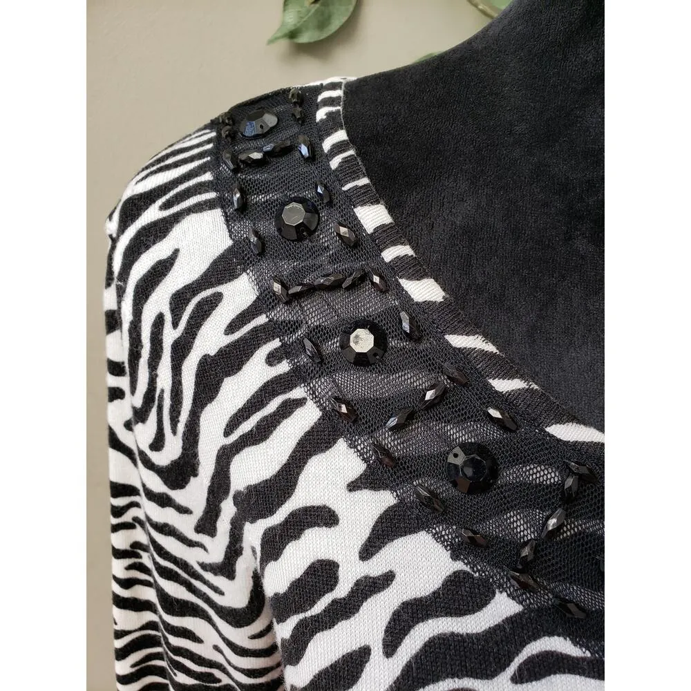 Carolyn Taylor Sweater Womens M Black White Zebra Print Lace Trim Rhinestone - Image 11