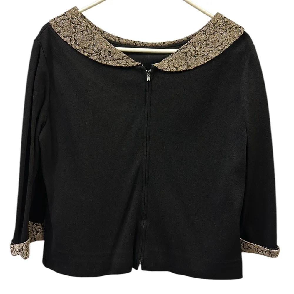 Vintage 50s Leslie Fay Original Zip Back Black Top Tapestry Collar and Cuff L - Image 6