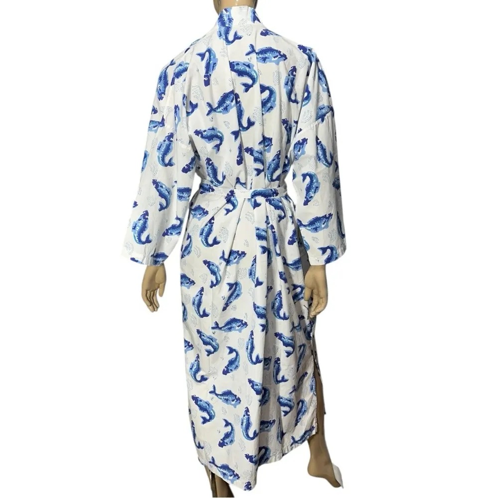 Women’s Size M White Blue Koi Fish Block Printed Long Cotton Belted Kimono Robe Size M - Image 6