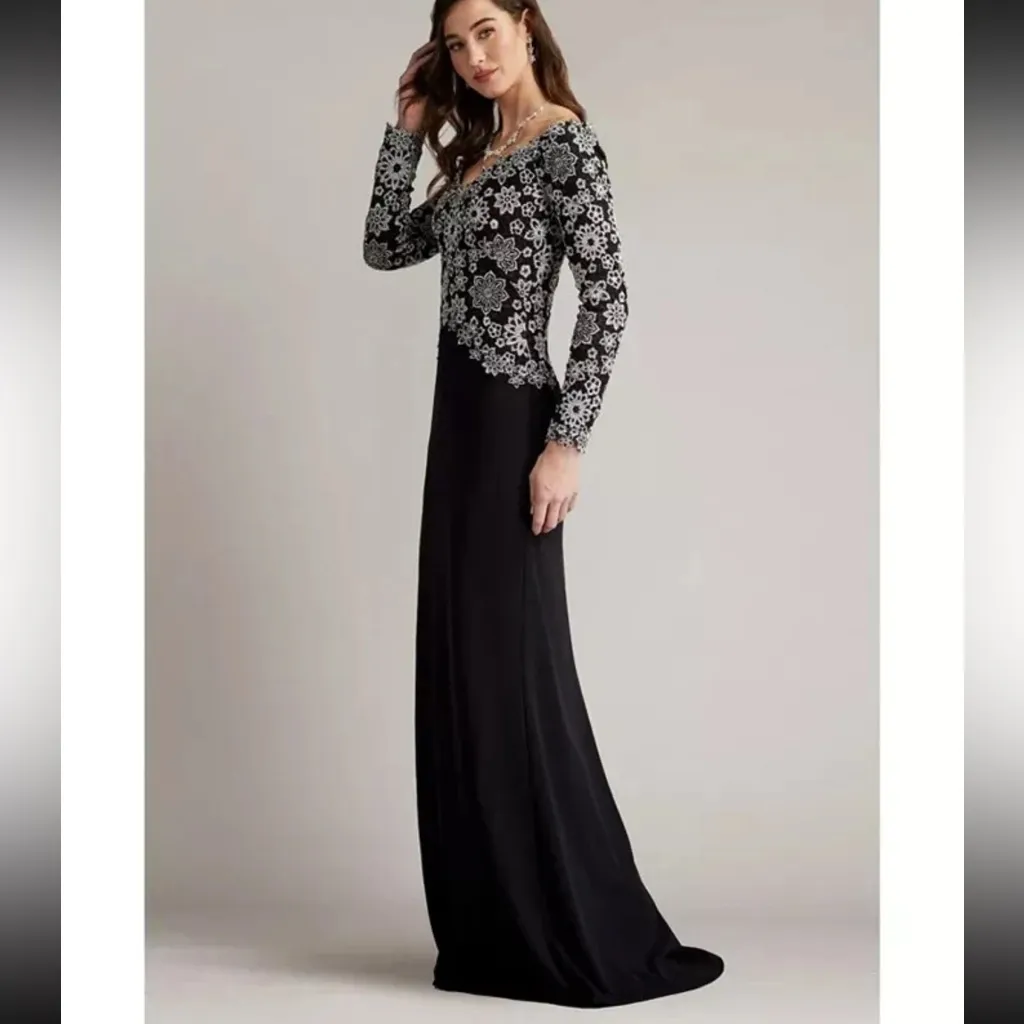 Tadashi Shoji Black Ivory Embroidered Off the Shoulder Gown Sz 10 - Image 3