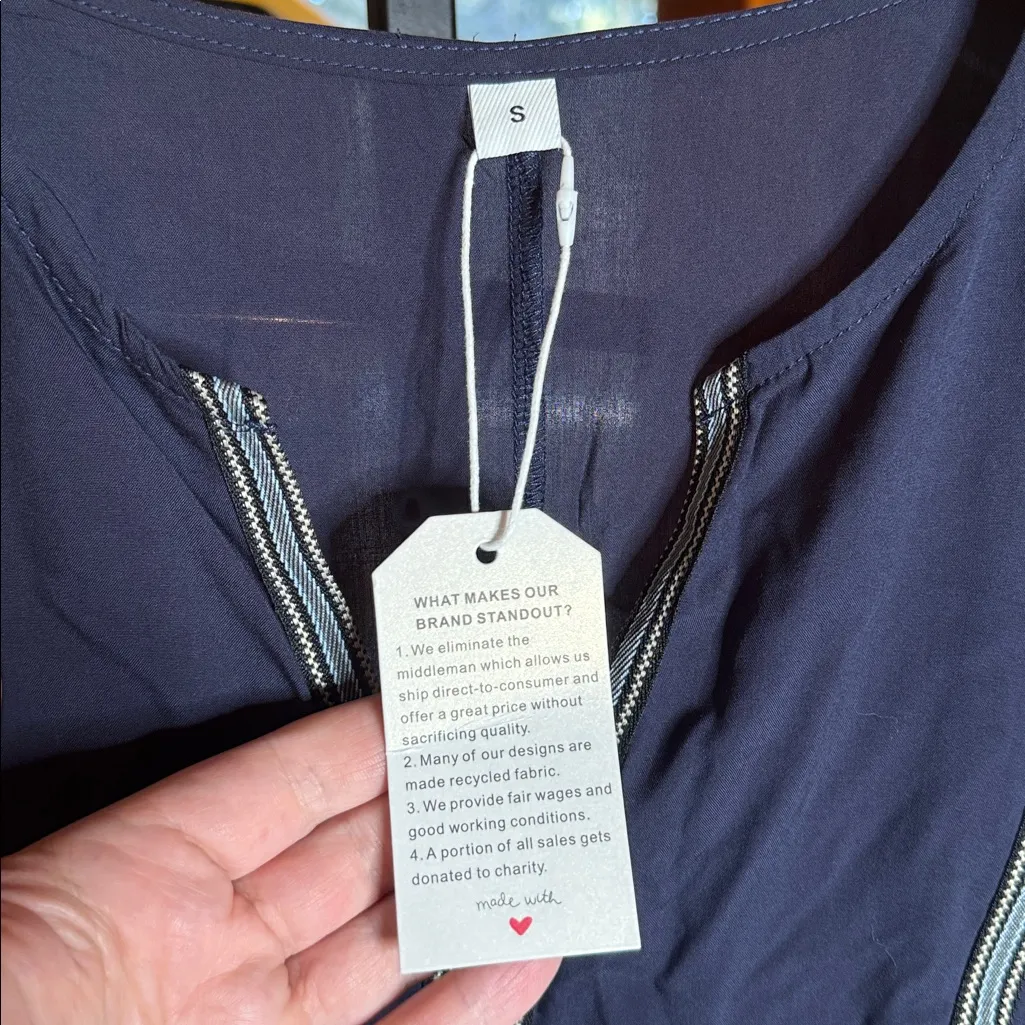 NWT Vaugu Navy Blue Embroidered Boho Blouson Dress Balloon Sleeves Size Small - Image 9