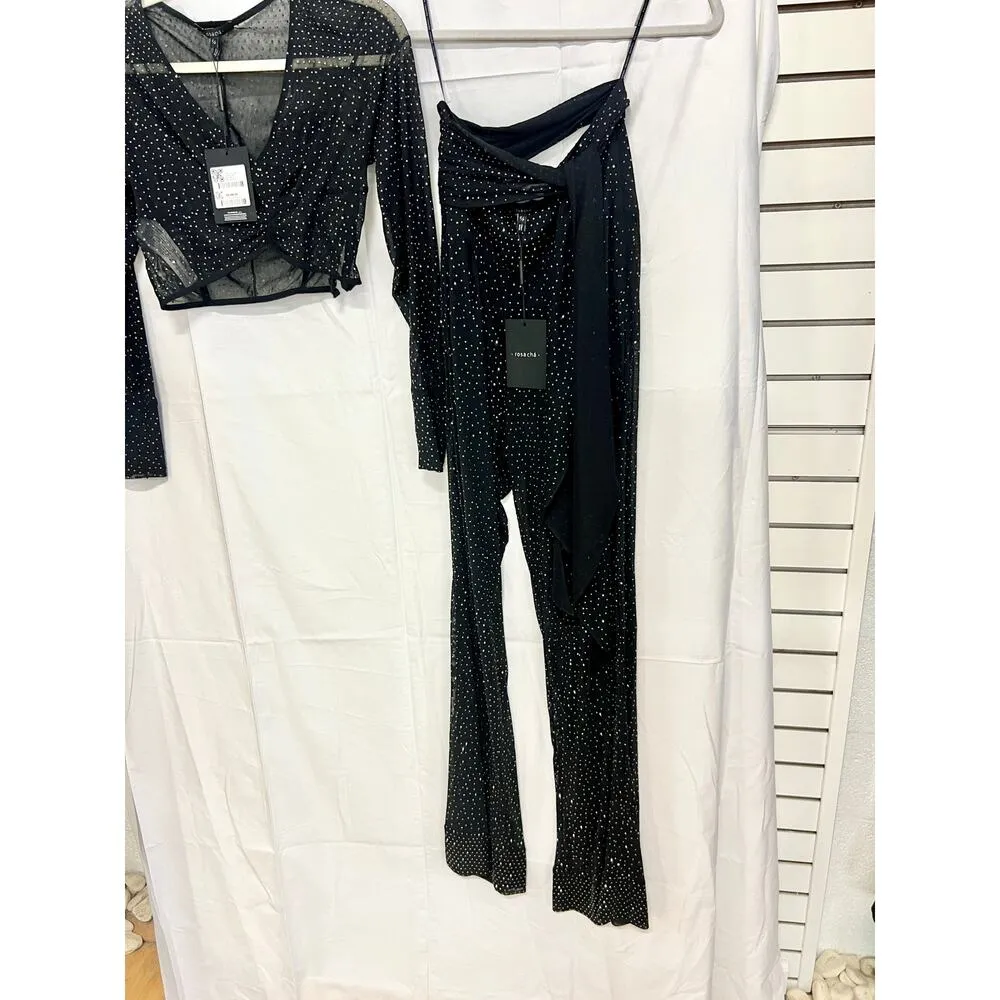 NWT Rosacha Polka Dot Sheer Crop Blouse Top & Tie Waist Flare Pants Set Black S - Image 6