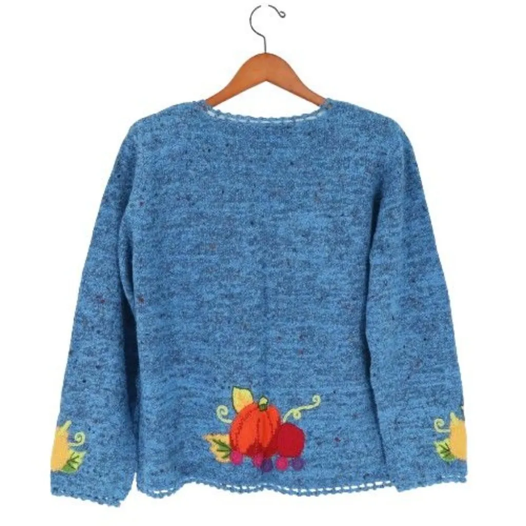 New Design Options Fall Thanksgiving Cornucopia Blue Cardigan Sweater M Size M - Image 5