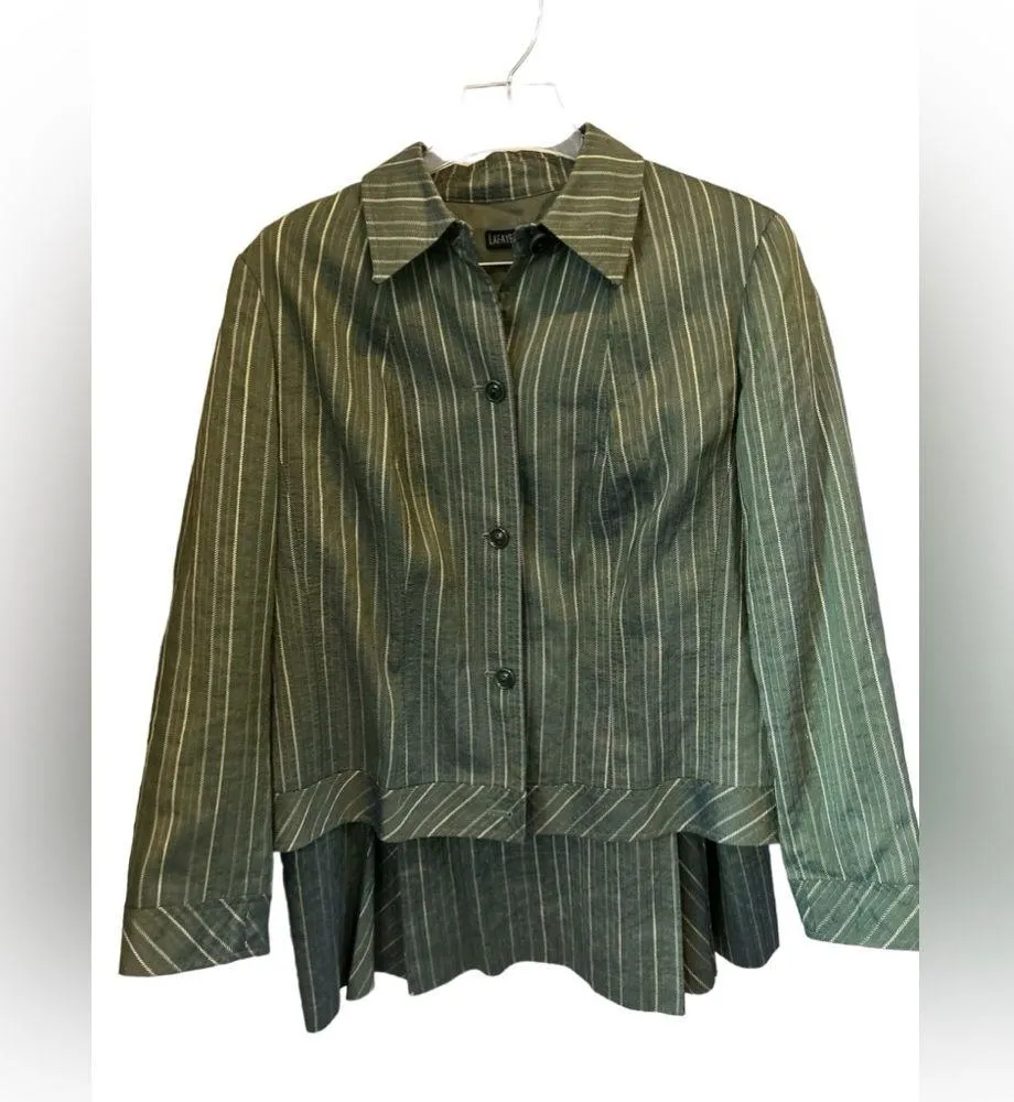 Lafayette 148 Women's Green Striped linen blend Blazer skirt set Size 14 - Image 10