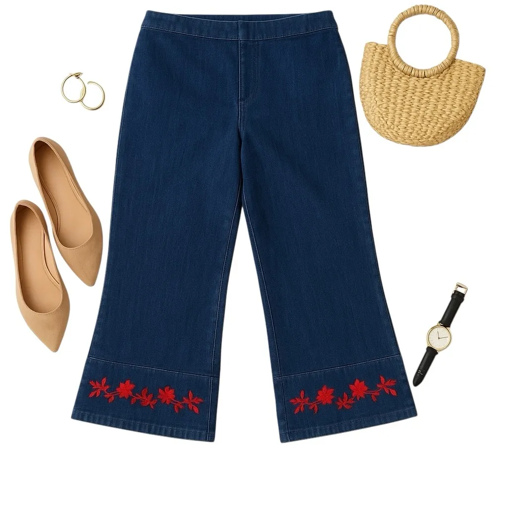 David Paul NY Embroidered Hem Denim Pants 16 Cropped Wide Leg Floral Cuff in EUC Blue - Image 2