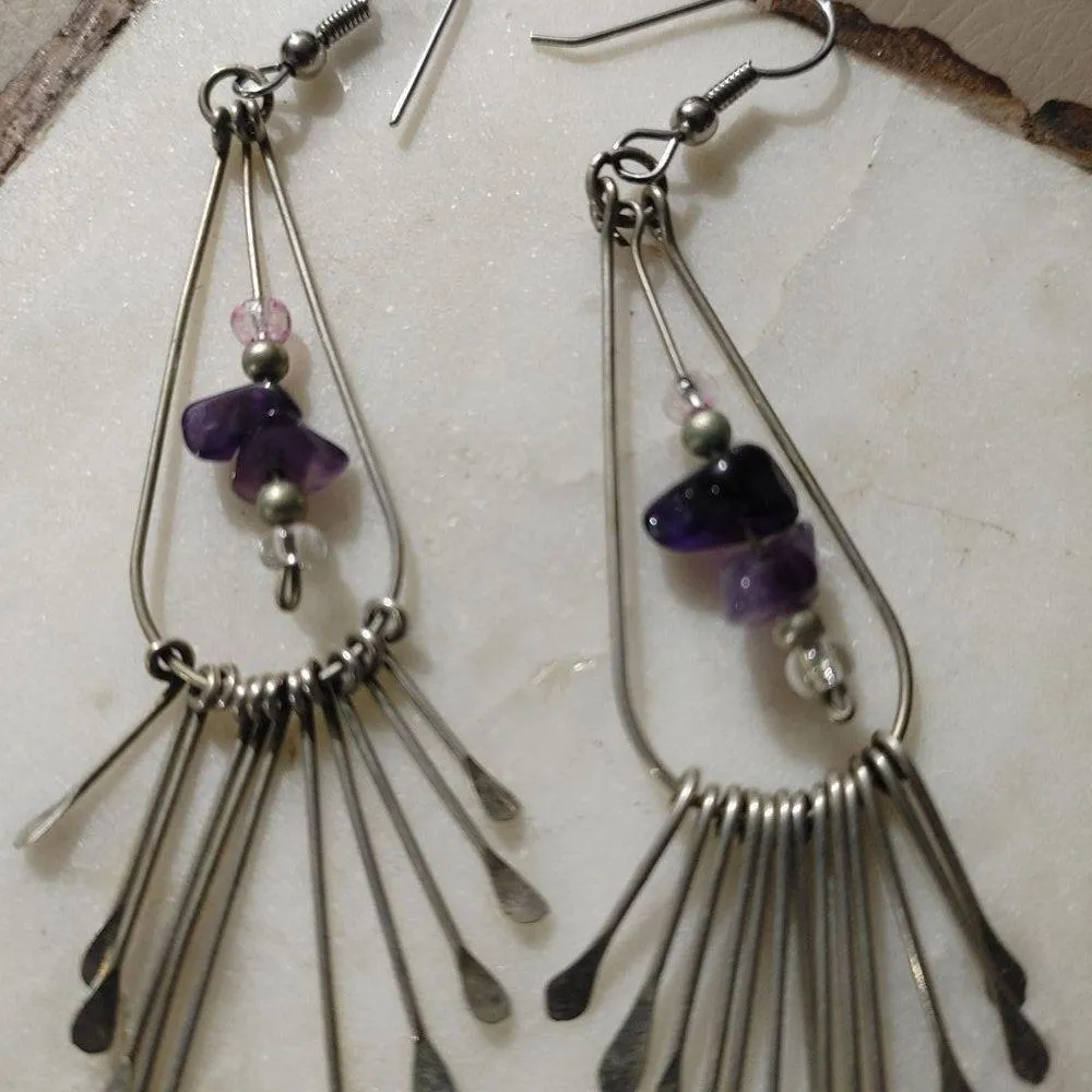 Long Vintage Silver Dangle Earrings Purple Amethyst Pearl Beads Fringe - Image 7
