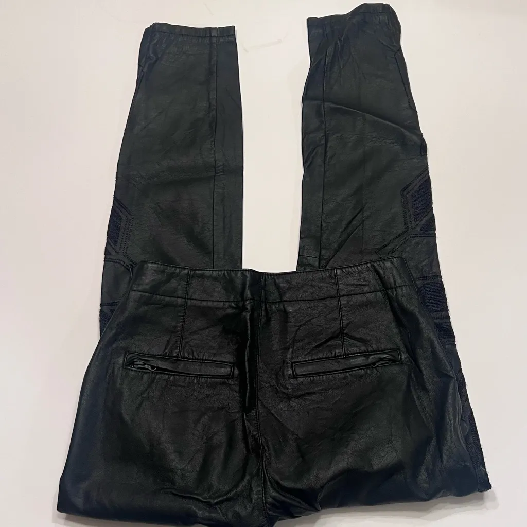 Free‎ People Tonal Geometric Embroidered Faux Vegan Leather Moto Pants Size 2 - Image 9
