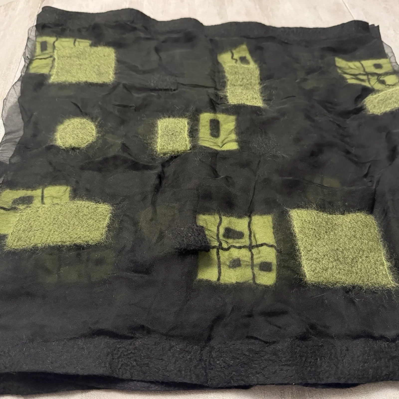 Kali Basi Artisan Handmade USA Silk Scarf Black Green Abstract Felted Deisgn - Image 2