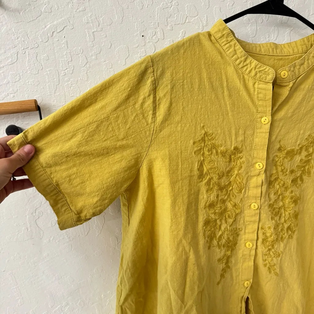 Yellow Linen Cotton Blend Boxy Embroidered Button Down Short Sleeve Gold Size L - Image 2