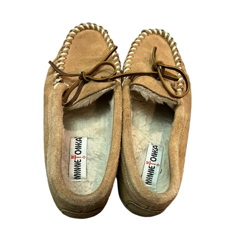 Minnetonka leather faux fur moccasin house slipper comfort size 7 women’s shoe - Image 6