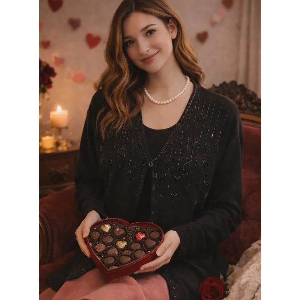 VTG Crystal Kobe Whimsigoth Beaded Heart Cardigan Womens XL Black Retro Grandma - Image 2