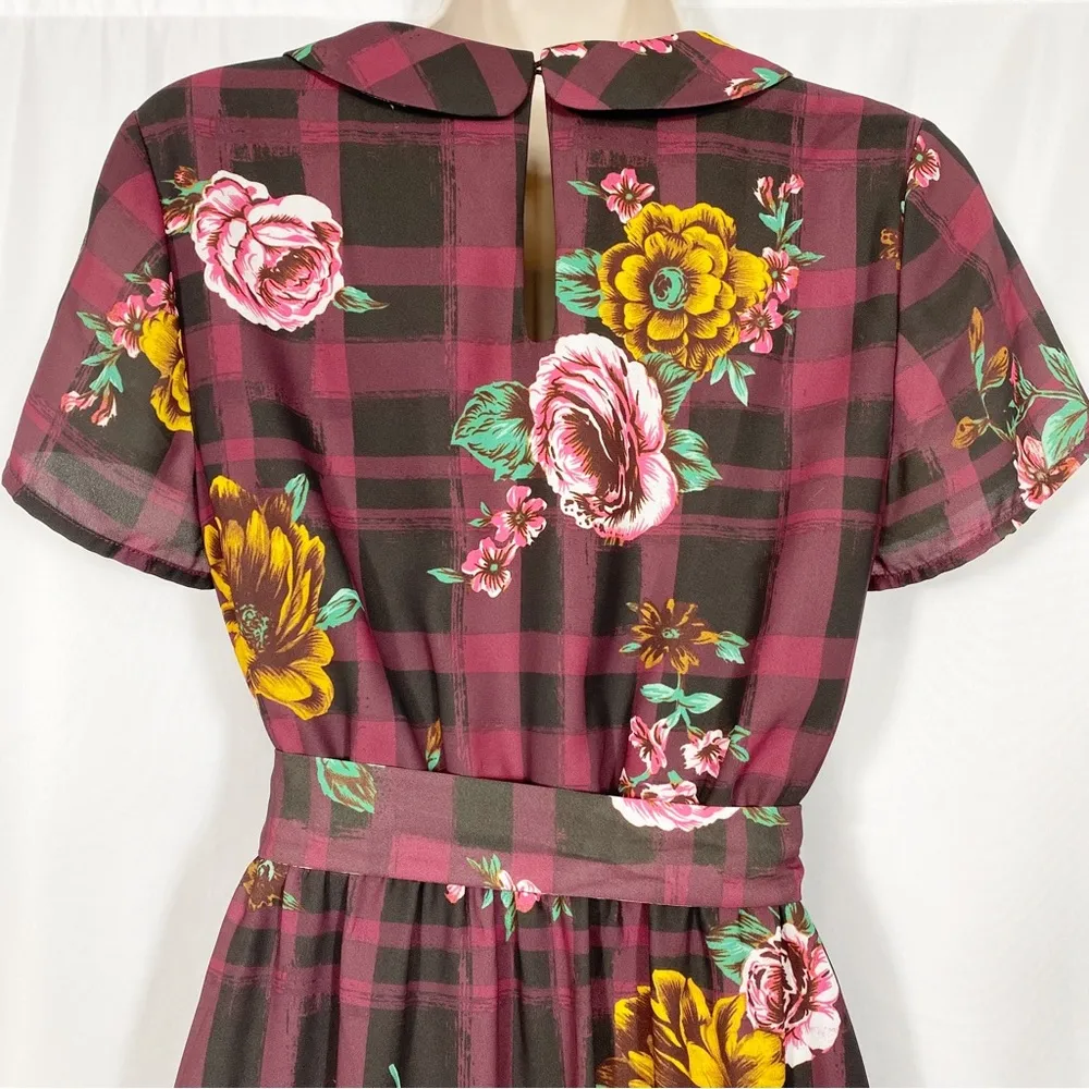 ModCloth Burgundy Floral Buffalo Check Joyfully Poised Collared A-Line Dress - Image 9