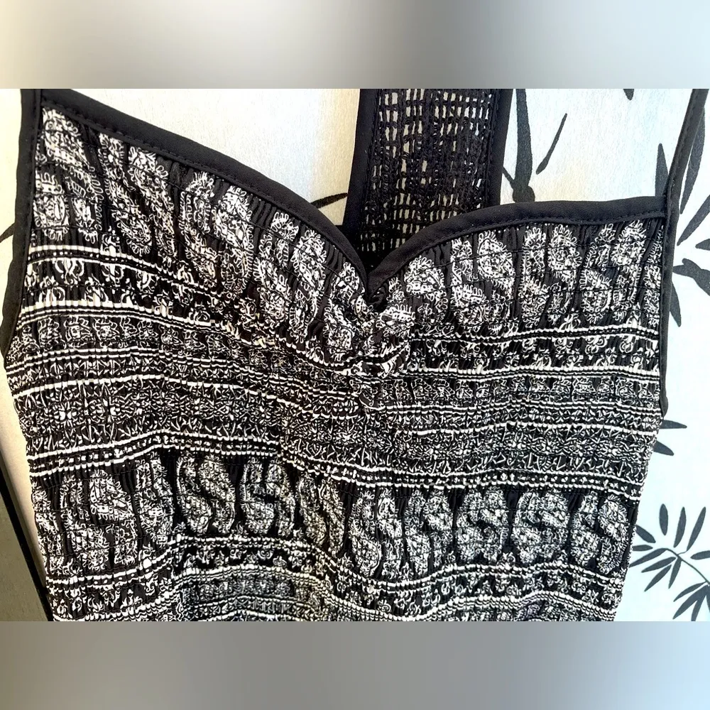 Xhilaration Dress (XS) T-Strap. Crochet T. Black w/White Geo Print. Elastic Top - Image 3