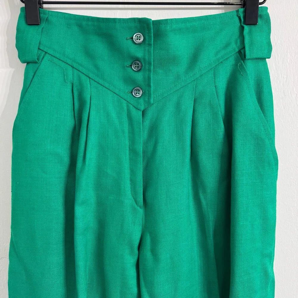 Karl Lagerfeld Vintage Emerald Green Linen Pleated High Waist Pants Size 38 - Image 3