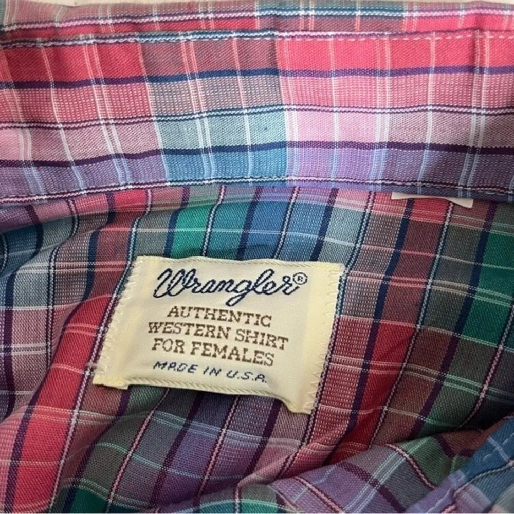 WRANGLER Authentic Western Shirt For Females Plaid Pink Blue Vintage 70s Ruffled - Image 9