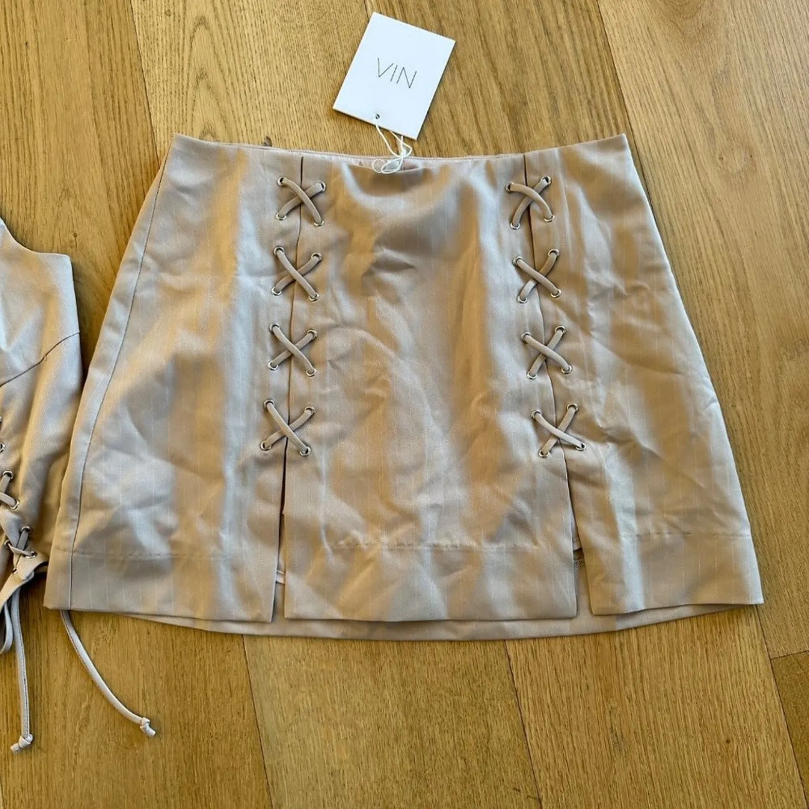 NIA Maya Corset and Brea Skort Set in Dune Beige with Criss Cross Tan Size XS - Image 3