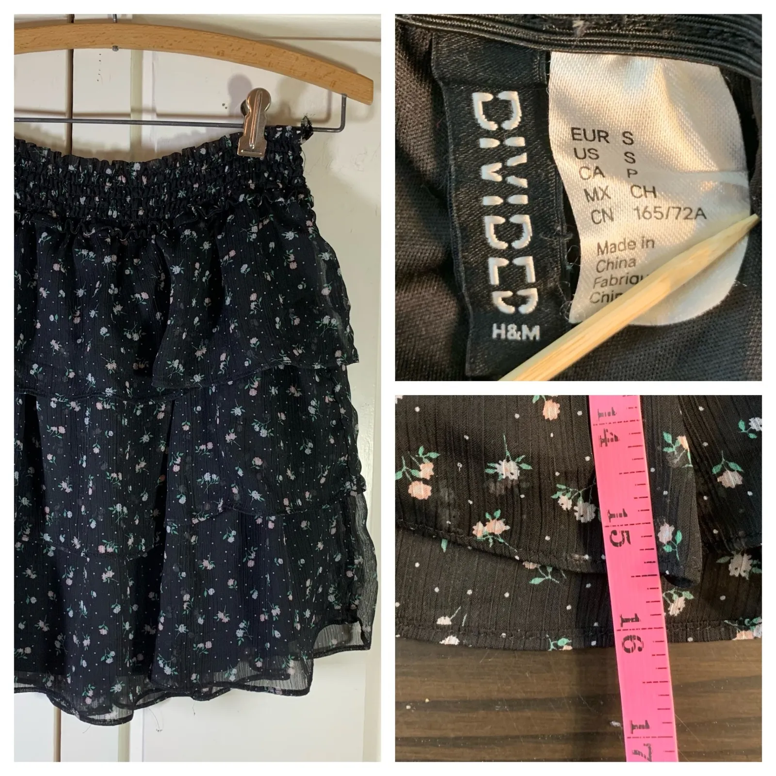 H&M Divided Black Floral Tiered Ruffle Mini Skirt Smocked Waist Small Whimsigoth - Image 10