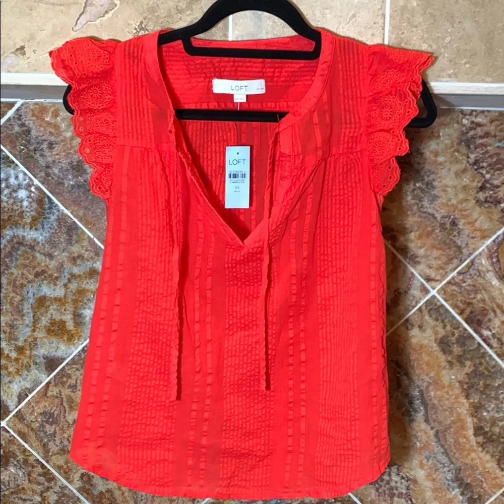 Women's LOFT Ann Taylor Striped Ruffle Sleeve Tie Neck Top Size XS Petite NWT - Image 2