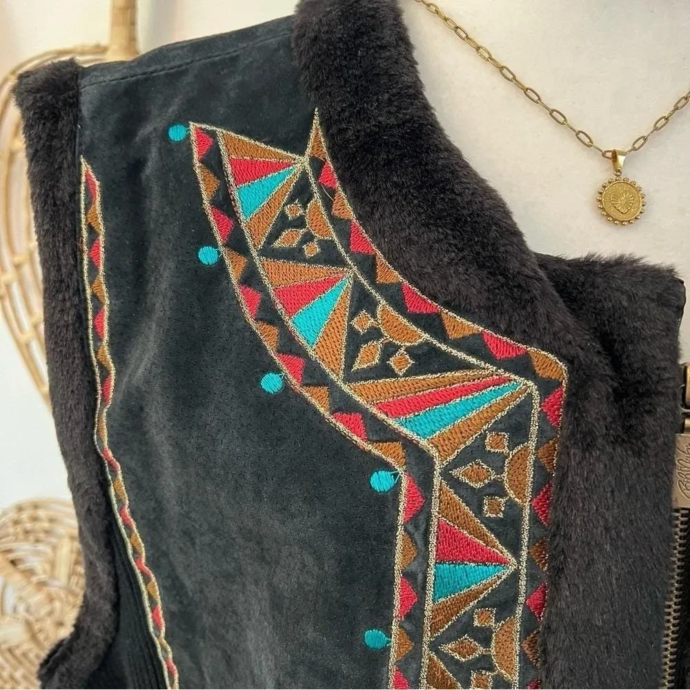 Vintage Bob Mackie Wearable Art Leather Vest Southwest Boho Embroidered Black 3X - Image 4